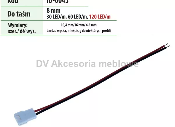LED TAŚMA ZŁĄCZKA 8 MM Z PRZEWODEM WĄSKA